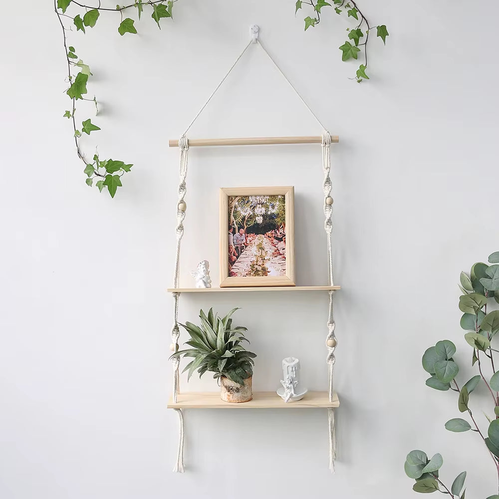 Double Layer Macrame Hanging Shelves Floating Shelf for Plants Boho Home Decor Wood Wall Shelves for Bedroom, Living Room