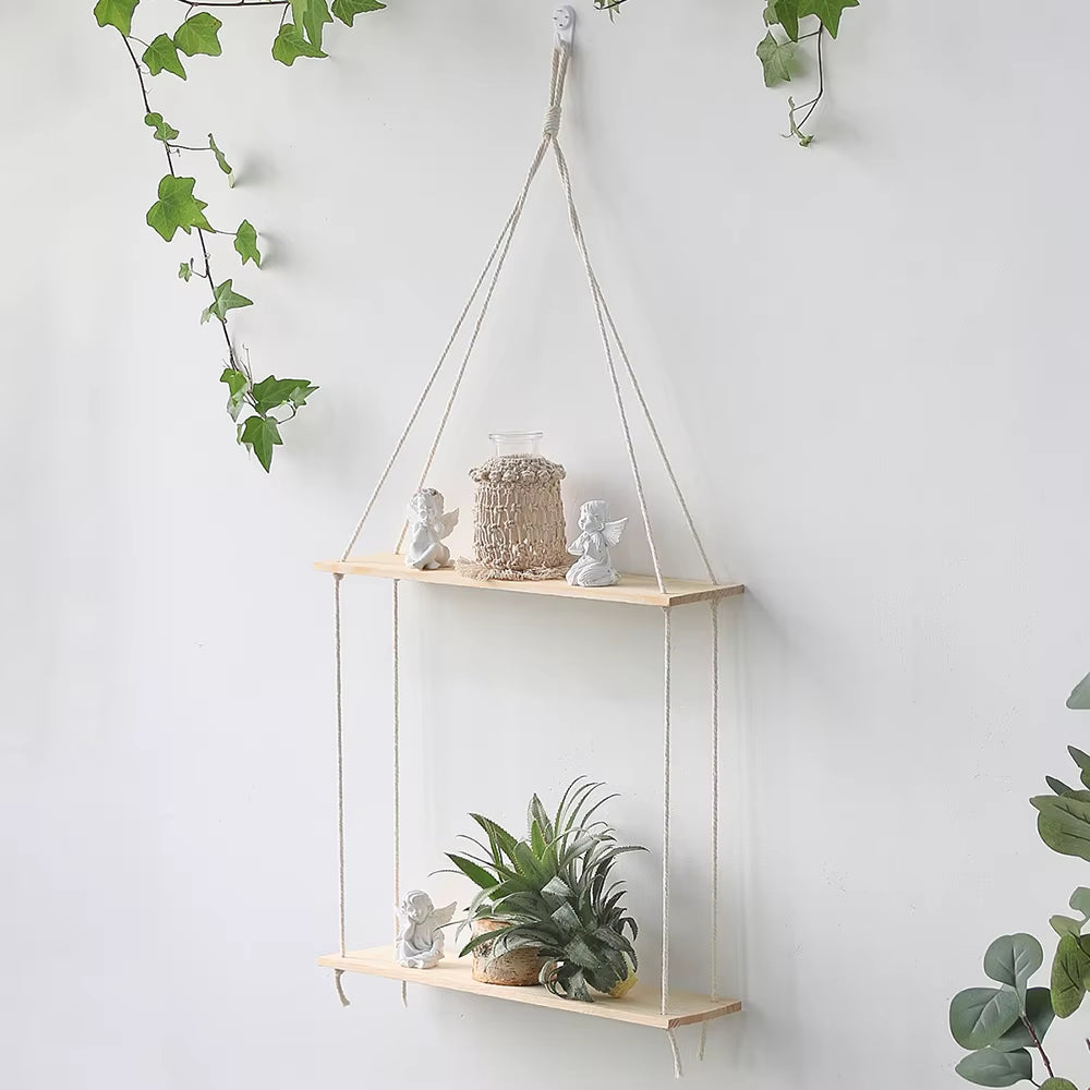 Double Layer Macrame Hanging Shelves Floating Shelf for Plants Boho Home Decor Wood Wall Shelves for Bedroom, Living Room