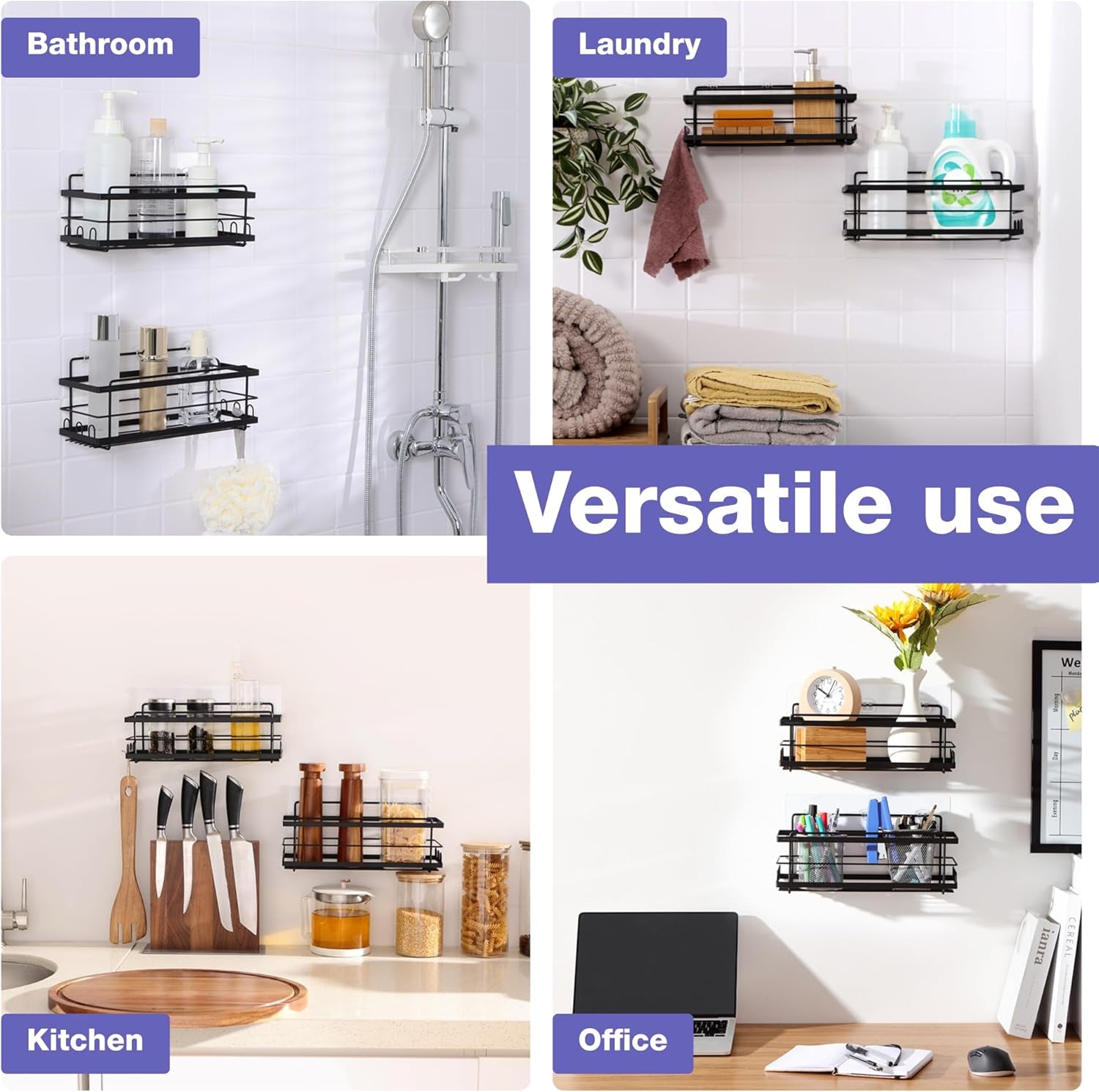 Iron Shower Caddies - Self Adhesive Bathroom Shelves for Showers - Wall Organizer Shampoo Holder Shelf - Peel and Stick on Caddy Bath Tub Rack - Pack of 2 Holders - Black