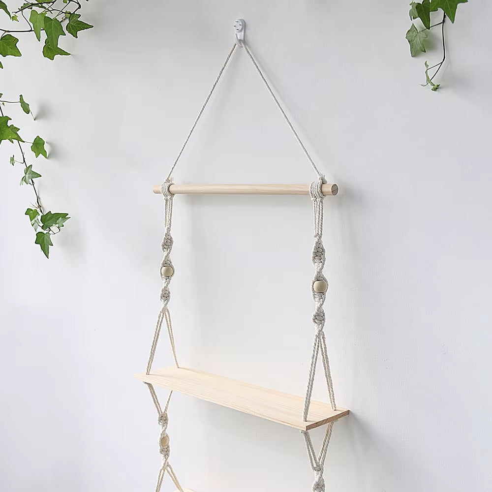 Double Layer Macrame Hanging Shelves Floating Shelf for Plants Boho Home Decor Wood Wall Shelves for Bedroom, Living Room