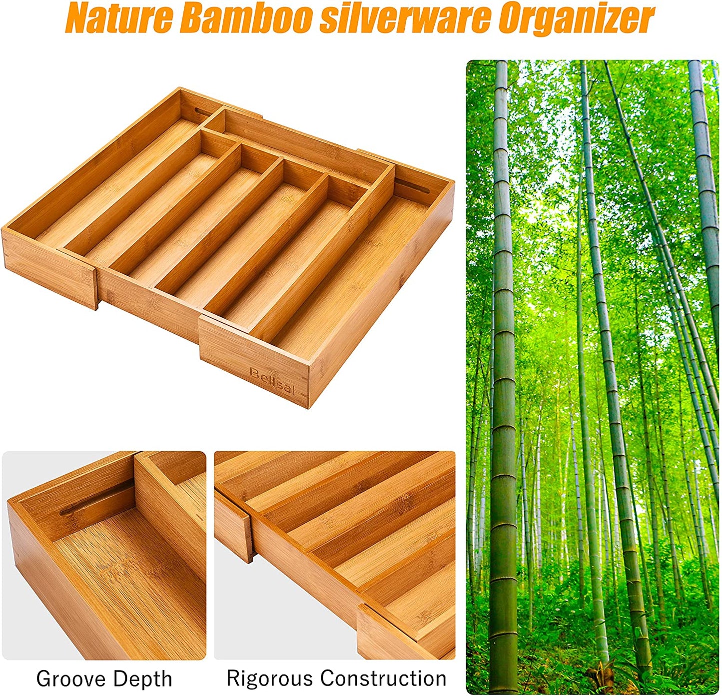 Silverware Organizer Kitchen Drawer Organizer Expandable Bamboo Utensil Holder Cutlery Tray for Kitchen Utensil and Flatware Bedroom Office