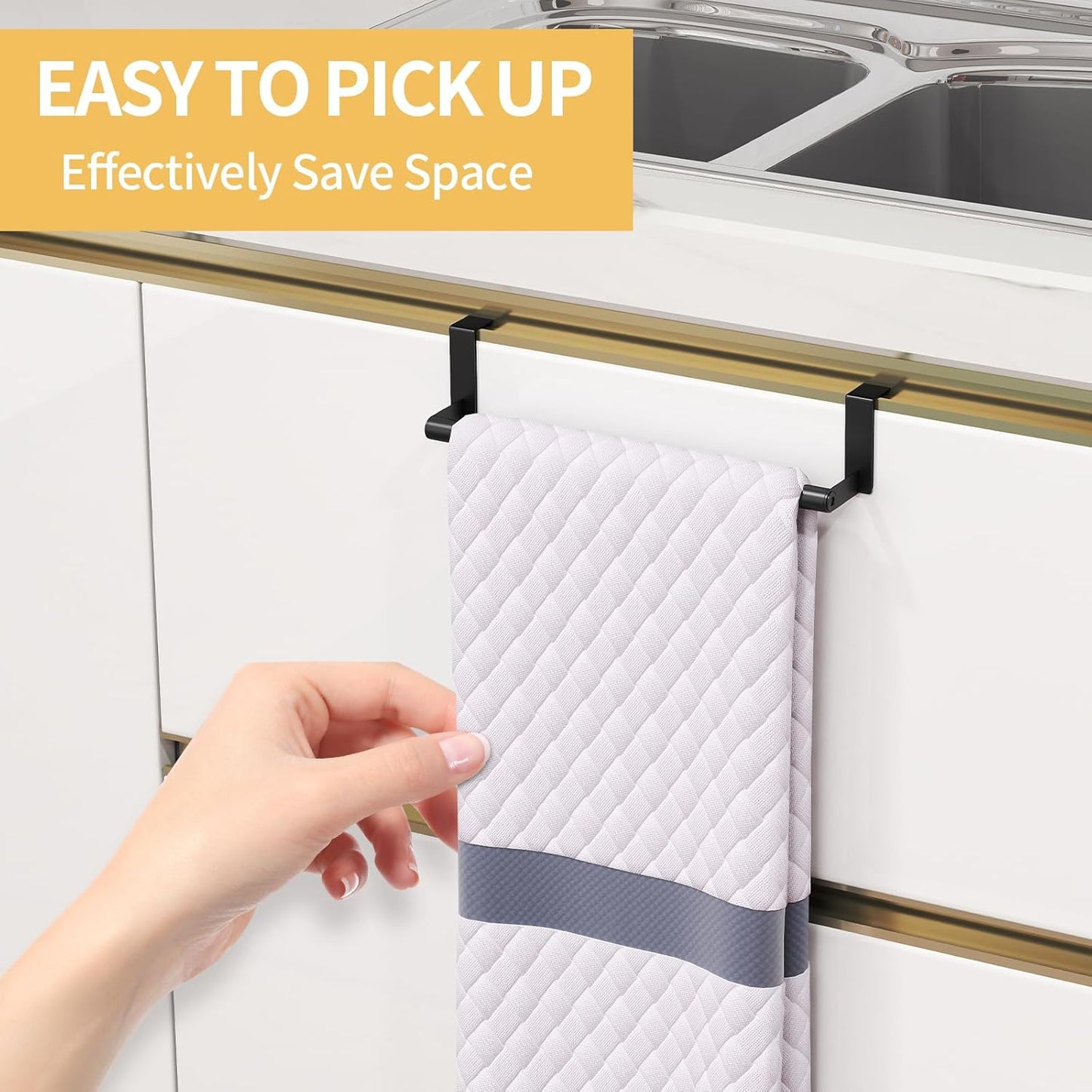 Kitchen Towel Holder over Cabinet Door Towel Bar Stainless Steel for Cupboard, over the Door Towel Rack for Kitchen Dish Towel Holder Hanger, 2 Pack (Black)