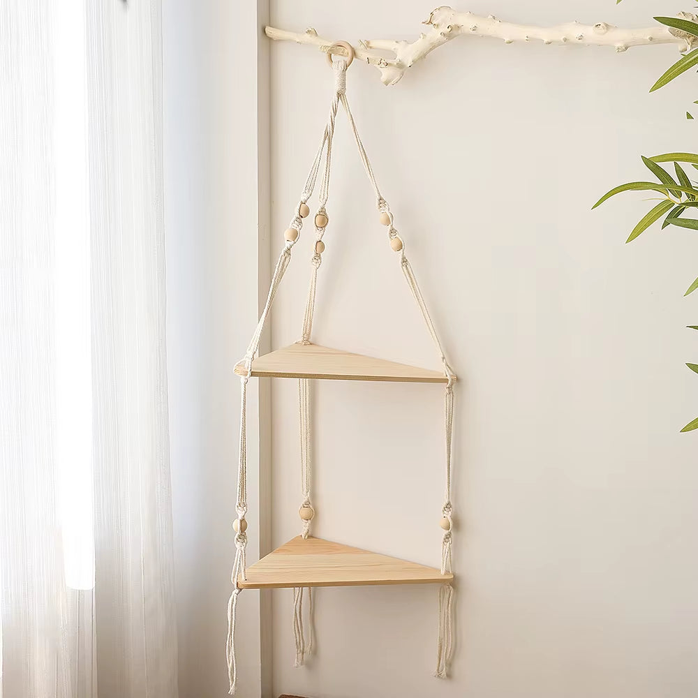 Double Layer Macrame Hanging Shelves Floating Shelf for Plants Boho Home Decor Wood Wall Shelves for Bedroom, Living Room