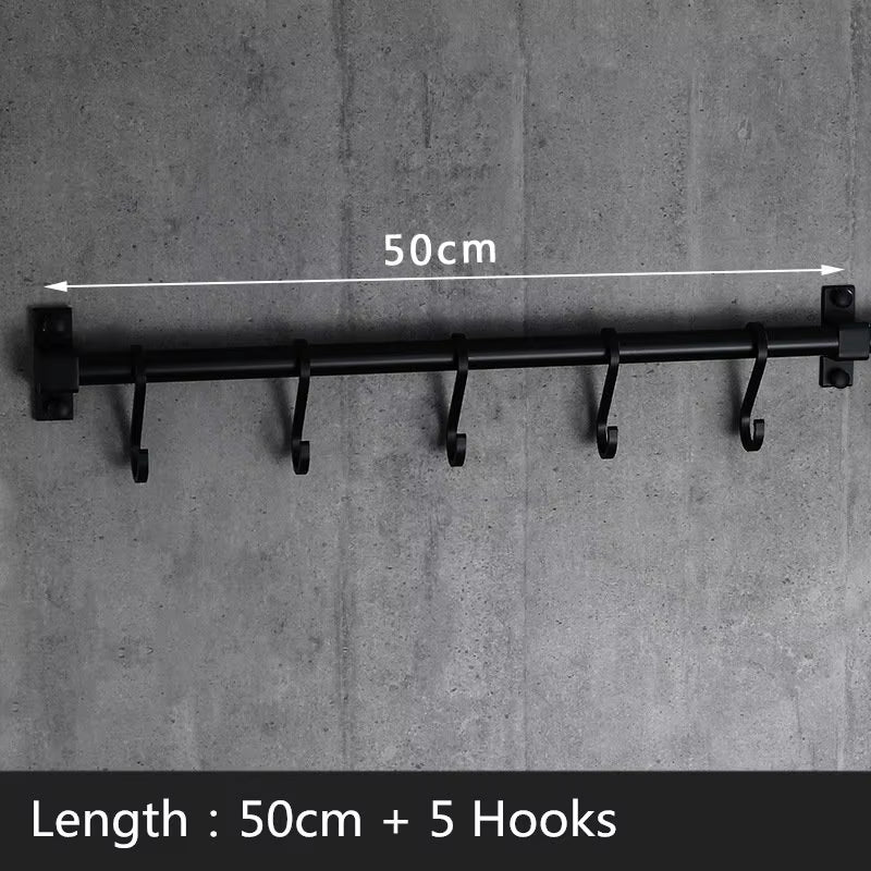 Matt Black Kitchen Hook Rack Pantry Bar Kitchen Shelf American Style Space Aluminum Frame Kitchenware Utensil Tool Storage Rack