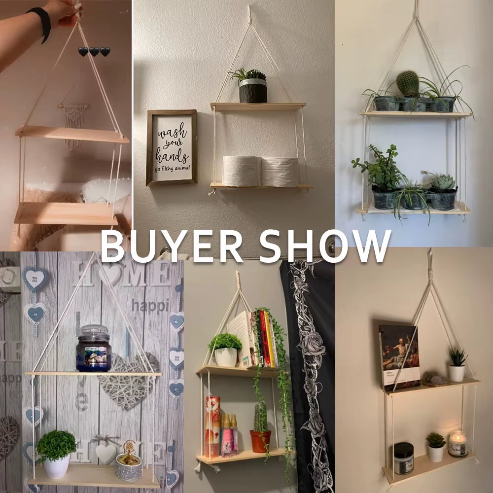 Double Layer Macrame Hanging Shelves Floating Shelf for Plants Boho Home Decor Wood Wall Shelves for Bedroom, Living Room