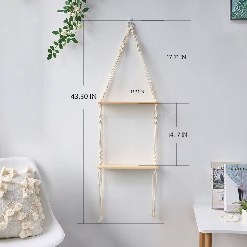 Double Layer Macrame Hanging Shelves Floating Shelf for Plants Boho Home Decor Wood Wall Shelves for Bedroom, Living Room