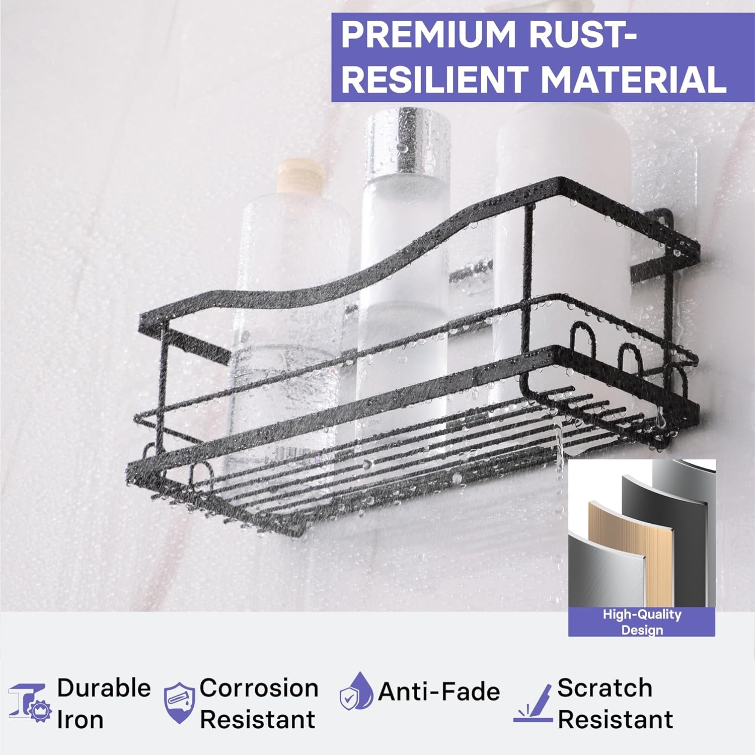 Iron Shower Caddies - Self Adhesive Bathroom Shelves for Showers - Wall Organizer Shampoo Holder Shelf - Peel and Stick on Caddy Bath Tub Rack - Pack of 2 Holders - Black