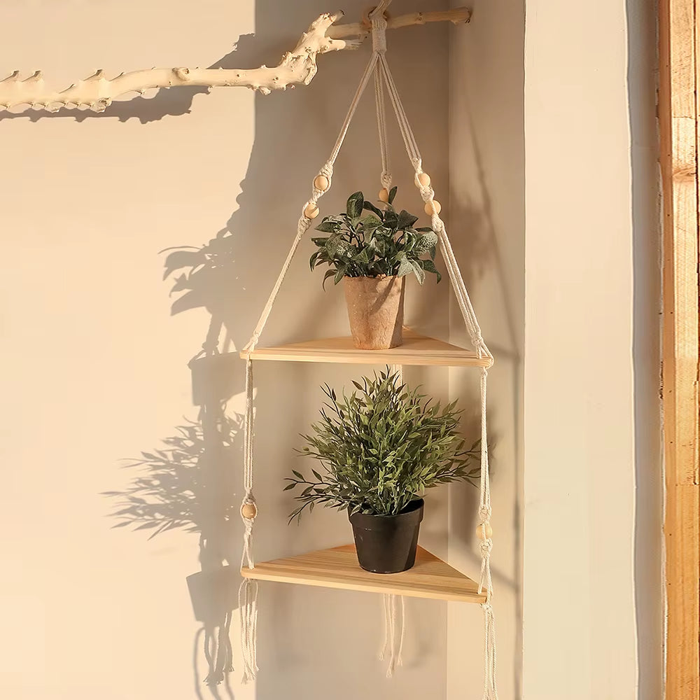 Double Layer Macrame Hanging Shelves Floating Shelf for Plants Boho Home Decor Wood Wall Shelves for Bedroom, Living Room