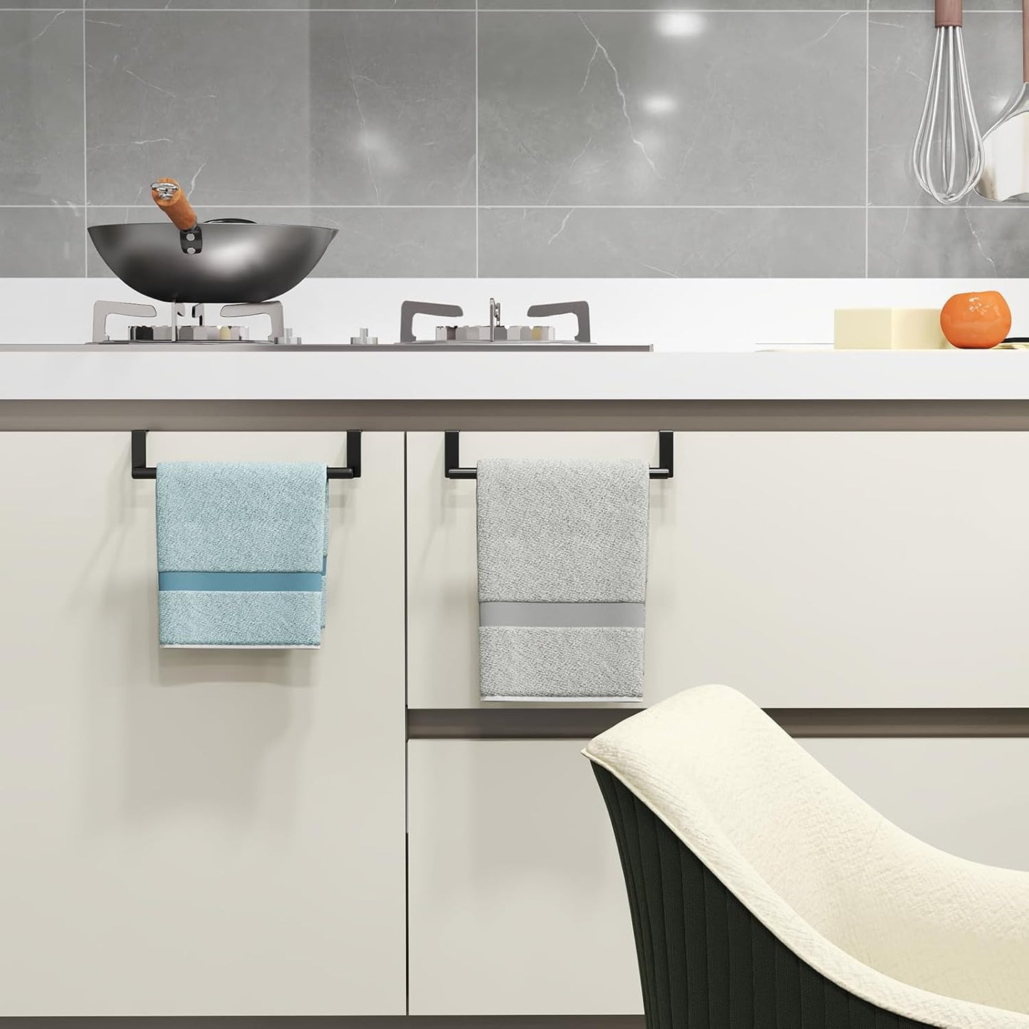 Kitchen Towel Holder over Cabinet Door Towel Bar Stainless Steel for Cupboard, over the Door Towel Rack for Kitchen Dish Towel Holder Hanger, 2 Pack (Black)