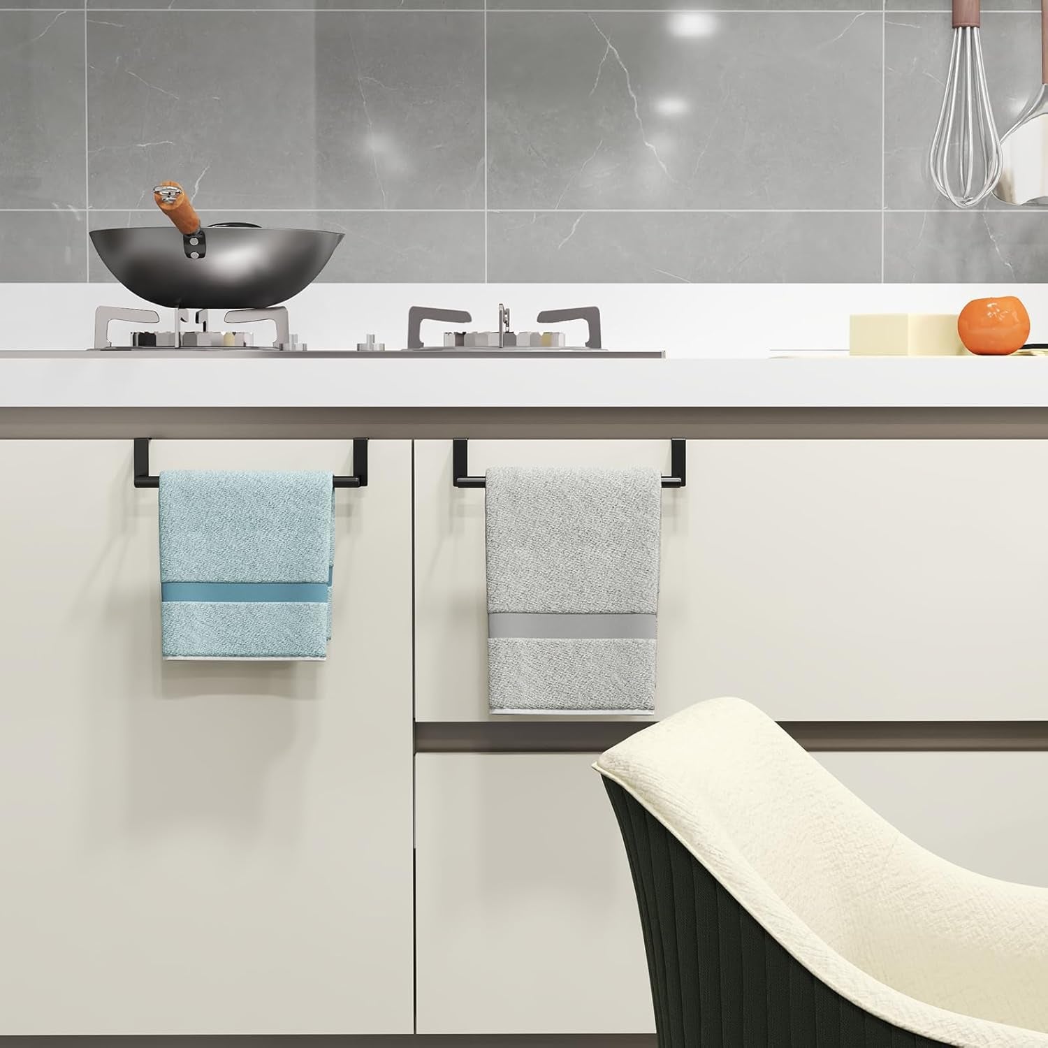 Kitchen Towel Holder over Cabinet Door Towel Bar Stainless Steel for Cupboard, over the Door Towel Rack for Kitchen Dish Towel Holder Hanger, 2 Pack (Black)