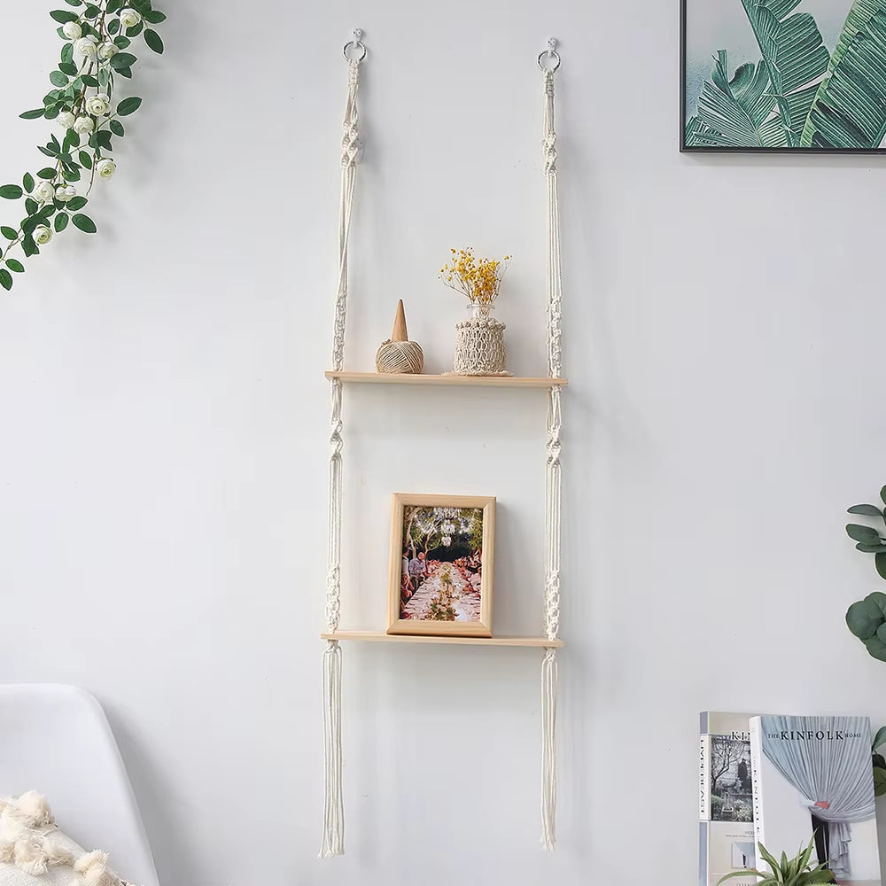 Double Layer Macrame Hanging Shelves Floating Shelf for Plants Boho Home Decor Wood Wall Shelves for Bedroom, Living Room
