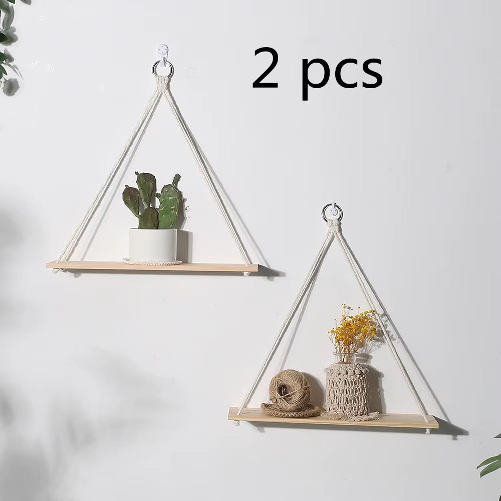 Double Layer Macrame Hanging Shelves Floating Shelf for Plants Boho Home Decor Wood Wall Shelves for Bedroom, Living Room