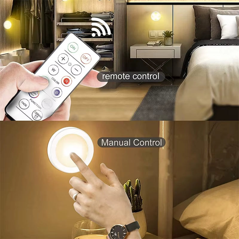Under Cabinet Light Puck Lights LED Dimmable Battery Powered Counter Lights with Wireless Remote Controls for Kitchen Wardrobe